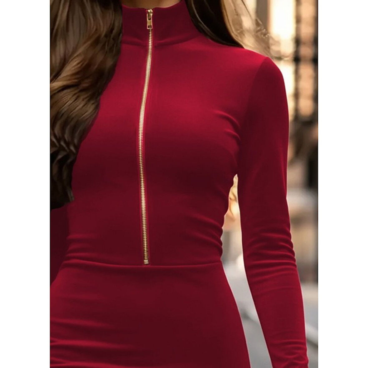 Lucky Life Kadın Uzun Kollu Balıkçı Yaka Yakadan Göğüse Kadar Fermuar Detaylı Mini Kadife Elbise