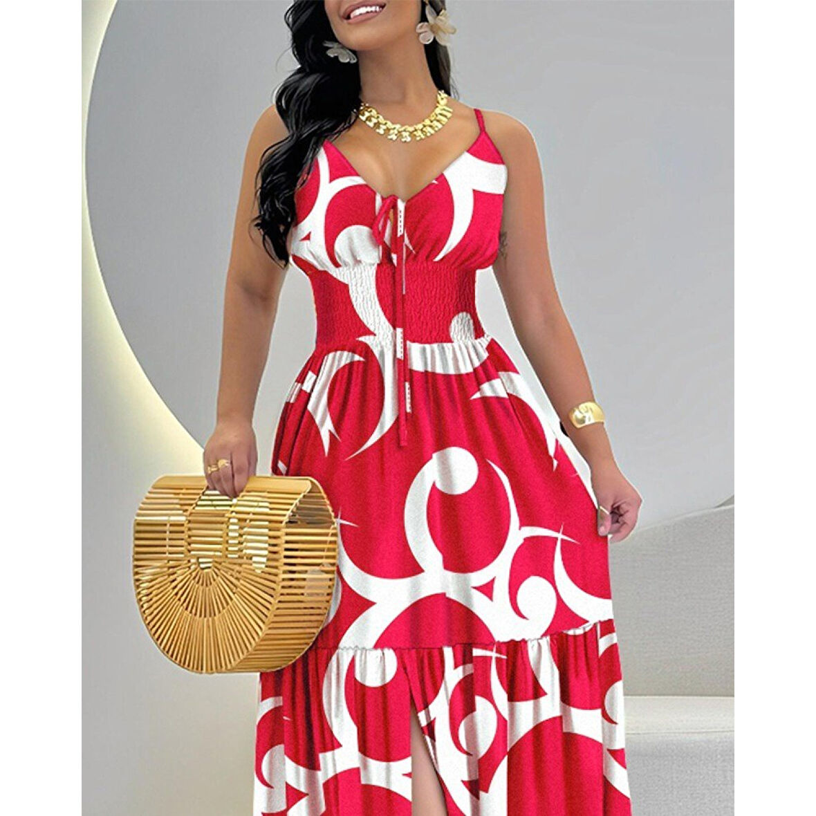 Lucky Life Kadın Ip Askılı Dekolteli Bağcıklı Yırtmaçlı Desenli Süprem Elbise