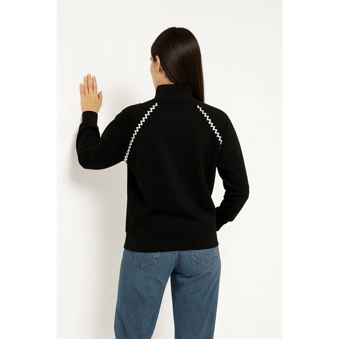 Lucky Life Oversize Dik Yaka Fermuarlı Sweatshirt - Zincir Nakışli Kanguru Cepli, - Siyah