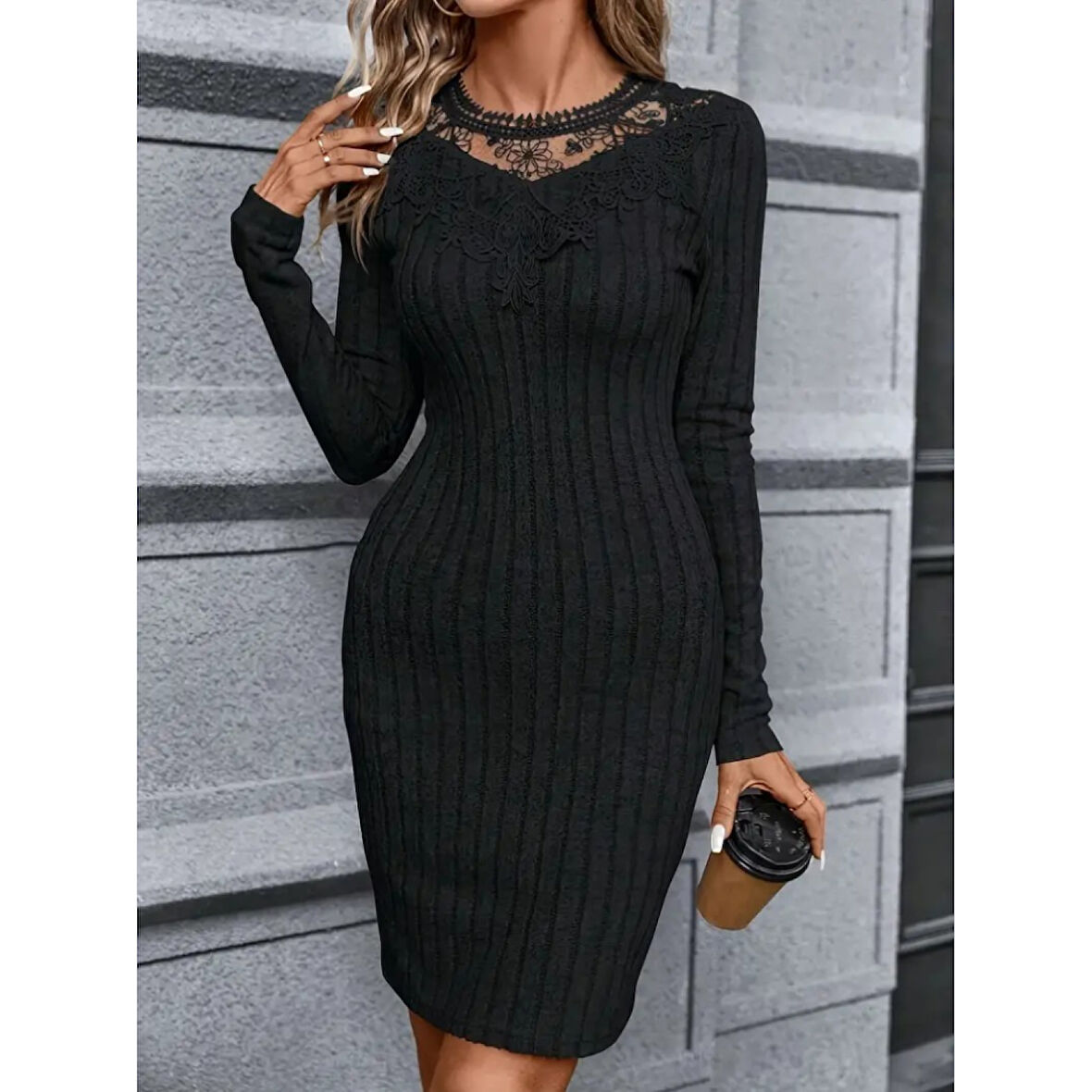 Lucky Life Lucky Life Kadın Uzun Kol Dantel Yaka Detaylı Kısa şardonlu Elbise