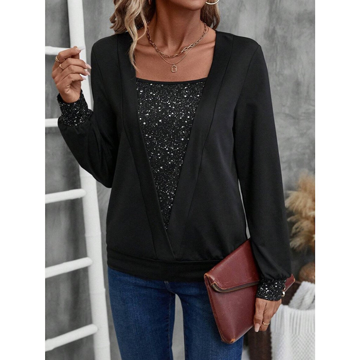 Lucky Life Kadın Uzun Kollu V Yakalı Içi Süprem Desenli Dışı Viskon Bluz