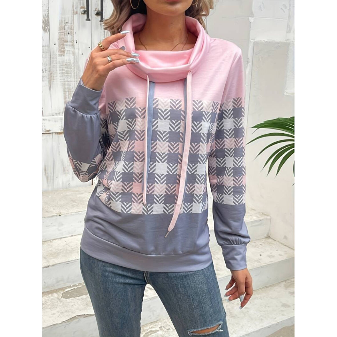 Lucky Life Kadın Uzun Kollu Balıkçı Yaka Bağcıklı Desenli şardonlu Dalgıç Bluz