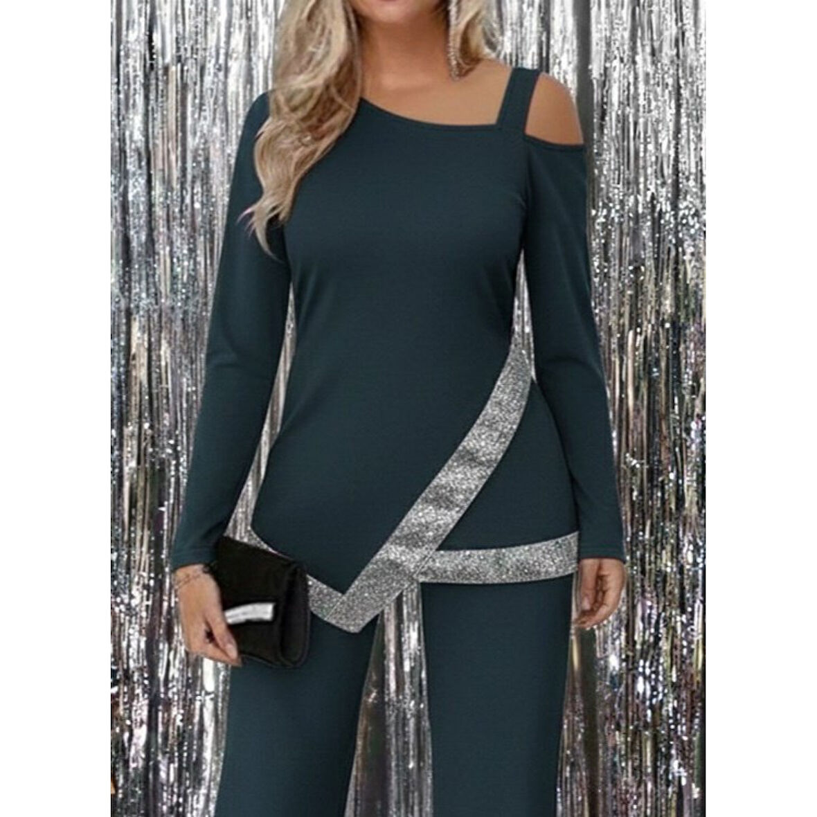 Lucky Life Kadın Tek Omuzdan Açık Uzun Kollu önü Pulpayet Ithal Krep Bluz Ve Pantolon