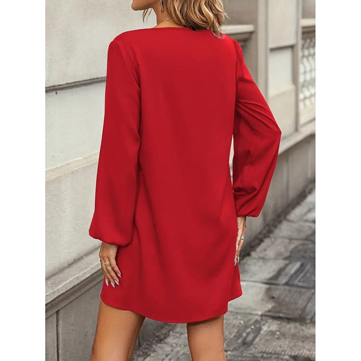 Lucky Life Kadın  Uzun Kollu Yuvarlak Yaka Mini Ithal Krep Elbise