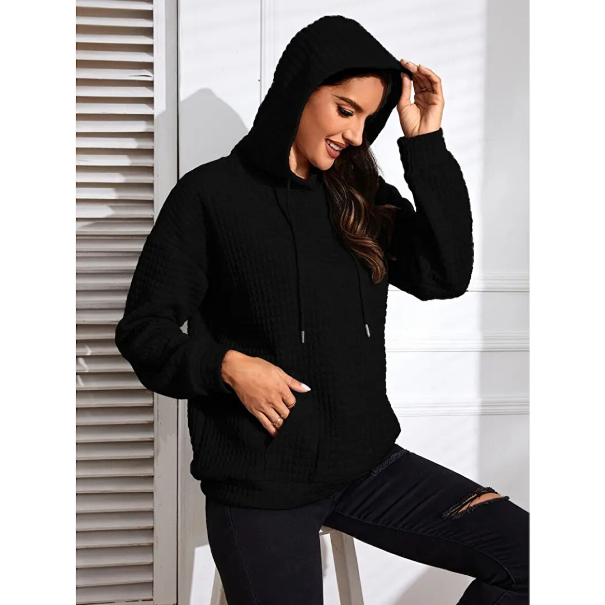 Lucky Life Kadın Uzun Kollu Kapşonlu Bağcıklı Cepli Capitone Sweatshirt