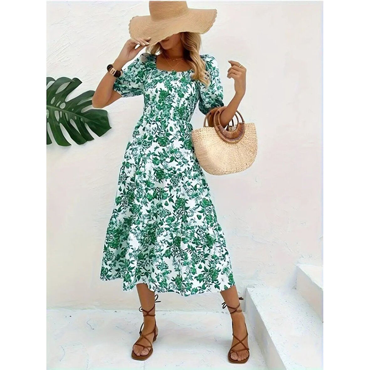 Lucky Life Kadın Kısa Kollu Kare Yakalı Lastikli Desenli Süprem Elbise