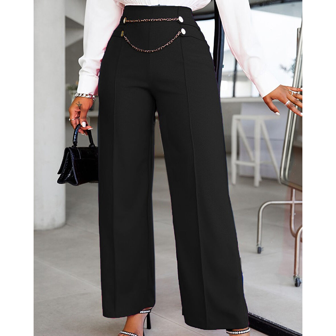 Lucky Life Kadın Beli Zincir Detaygeniş Paça Ithal Krep Pantolon