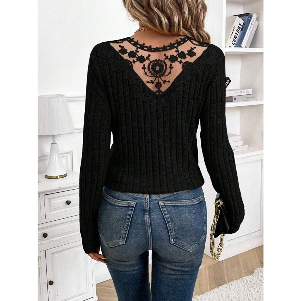 Lucky Life Kadın Uzun Kollu V Yakalı Arkadan Dantel Detaylı şardonlu Kaşkorse Bluz
