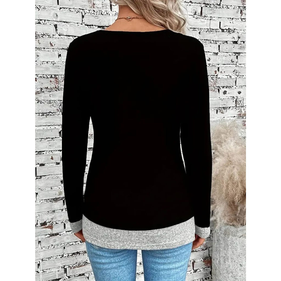 Lucky Life Kadın Uzun Kollu Yuvarlak Yaka Blok Renkli Yandan Düğmeli Viskon Bluz