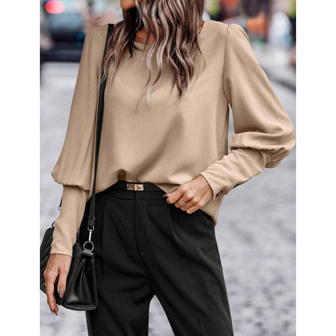 Lucky Life Kadın Uzun Kollu Yuvarlak Yakalı Düğmeli Ithal Krep Bluz