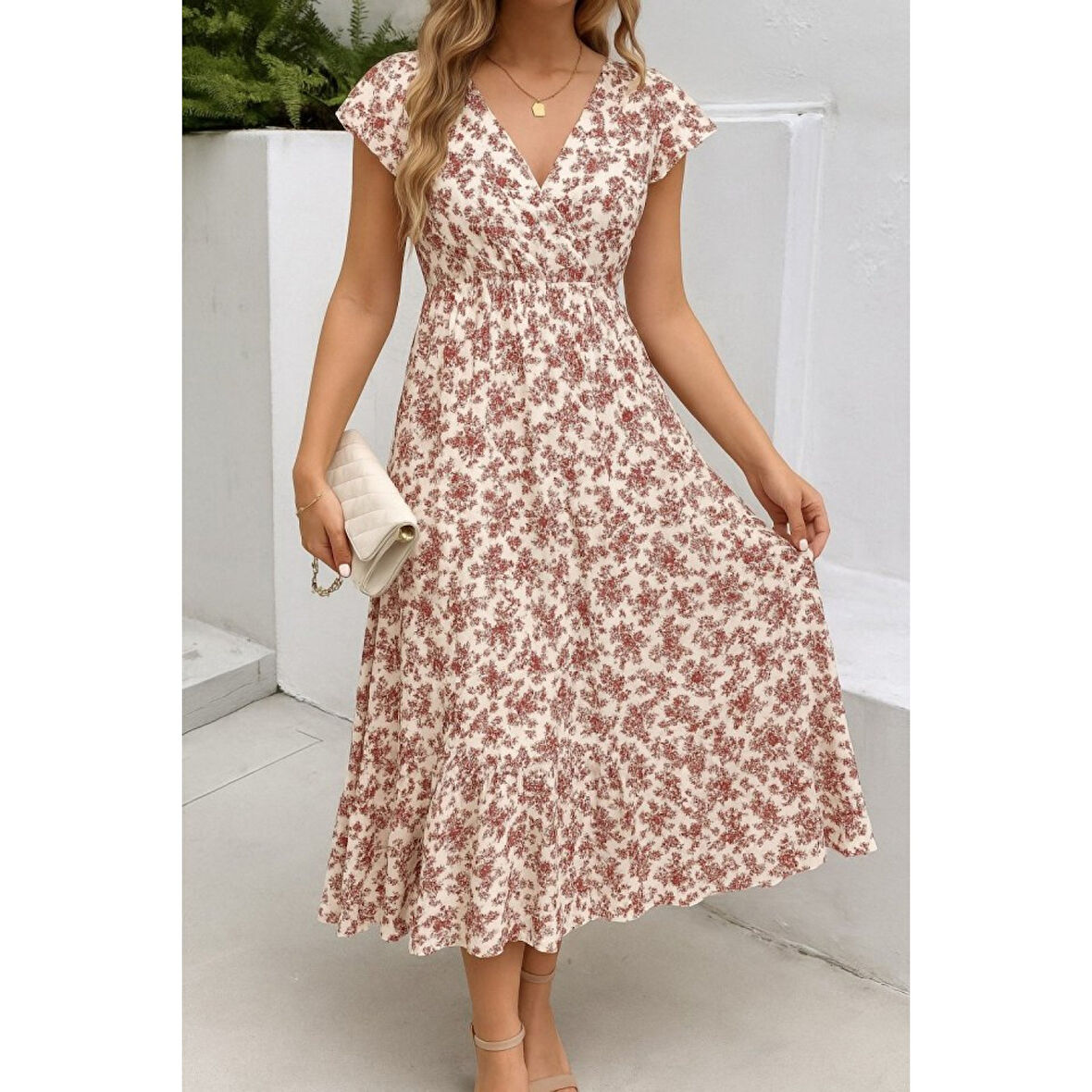 Lucky Life Kadın Kısa Kollu Kruvaze Yaka Beli Lastikli çiçek Desenli Elbise
