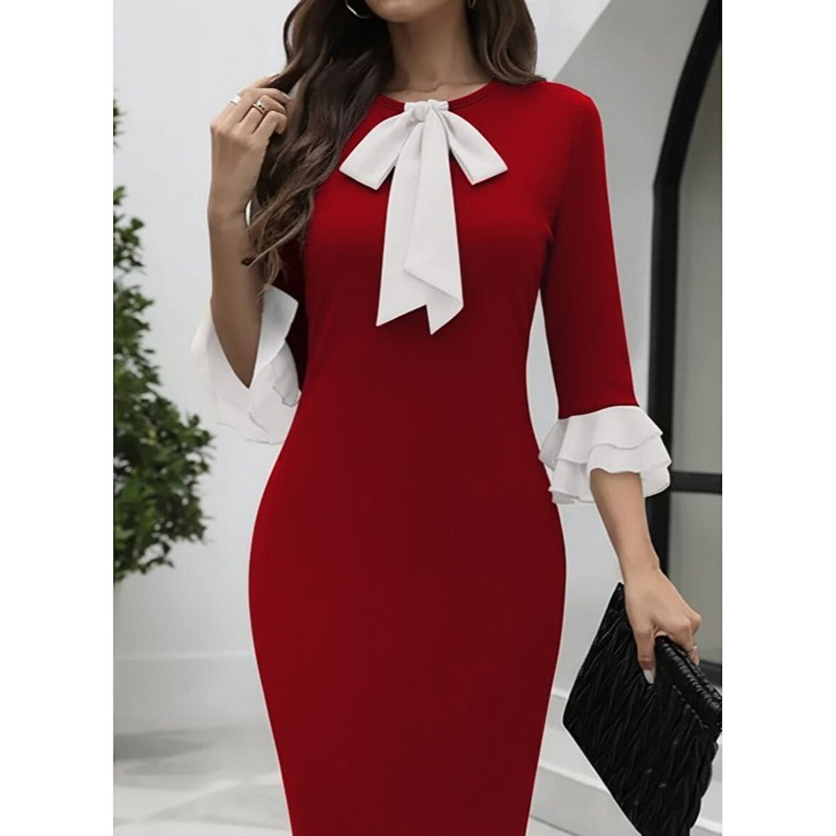 Lucky Life Kadın Truvakar Kollu Fiyonk Yakalı Midi Ithal Krep Elbise