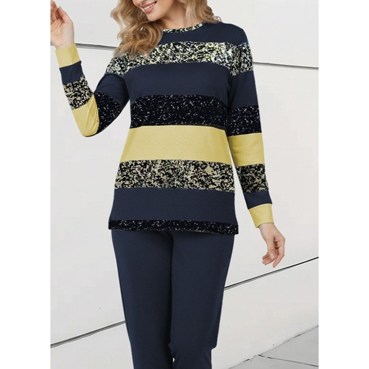 Lucky Life Kadın Uzun Kollu Bisiklet Yaka çizgili Desen Iki Iplik Bluz Ve Pantolon Ikili Takım