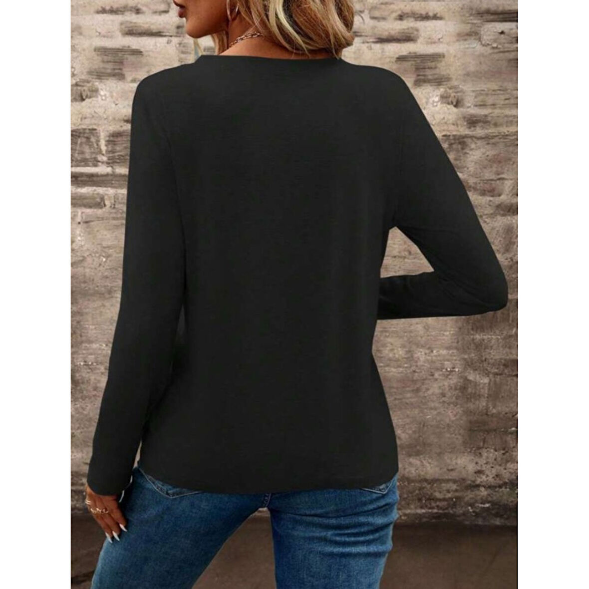 Lucky Life Lucky Life Kadın Uzun Kollu Cepli V Yakalı Viskon Iki Iplik Bluz