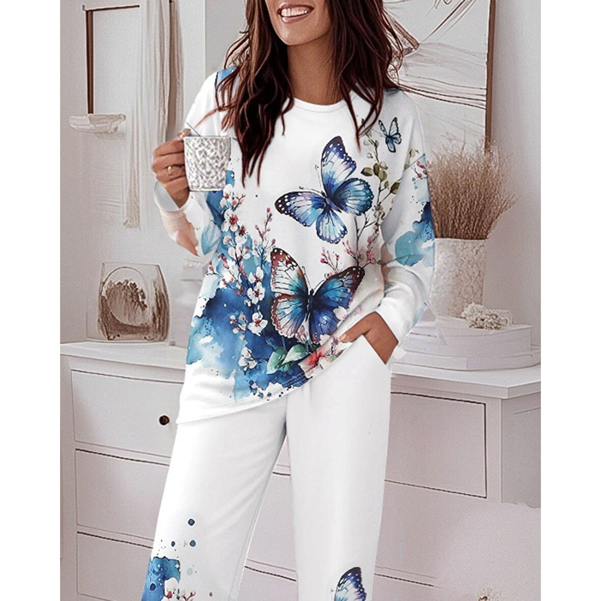 Lucky Life Lucky Life Kadın Uzun Kollu Bisiklet Yaka Kelebek Desenli Iki Iplik Alt üst Takım