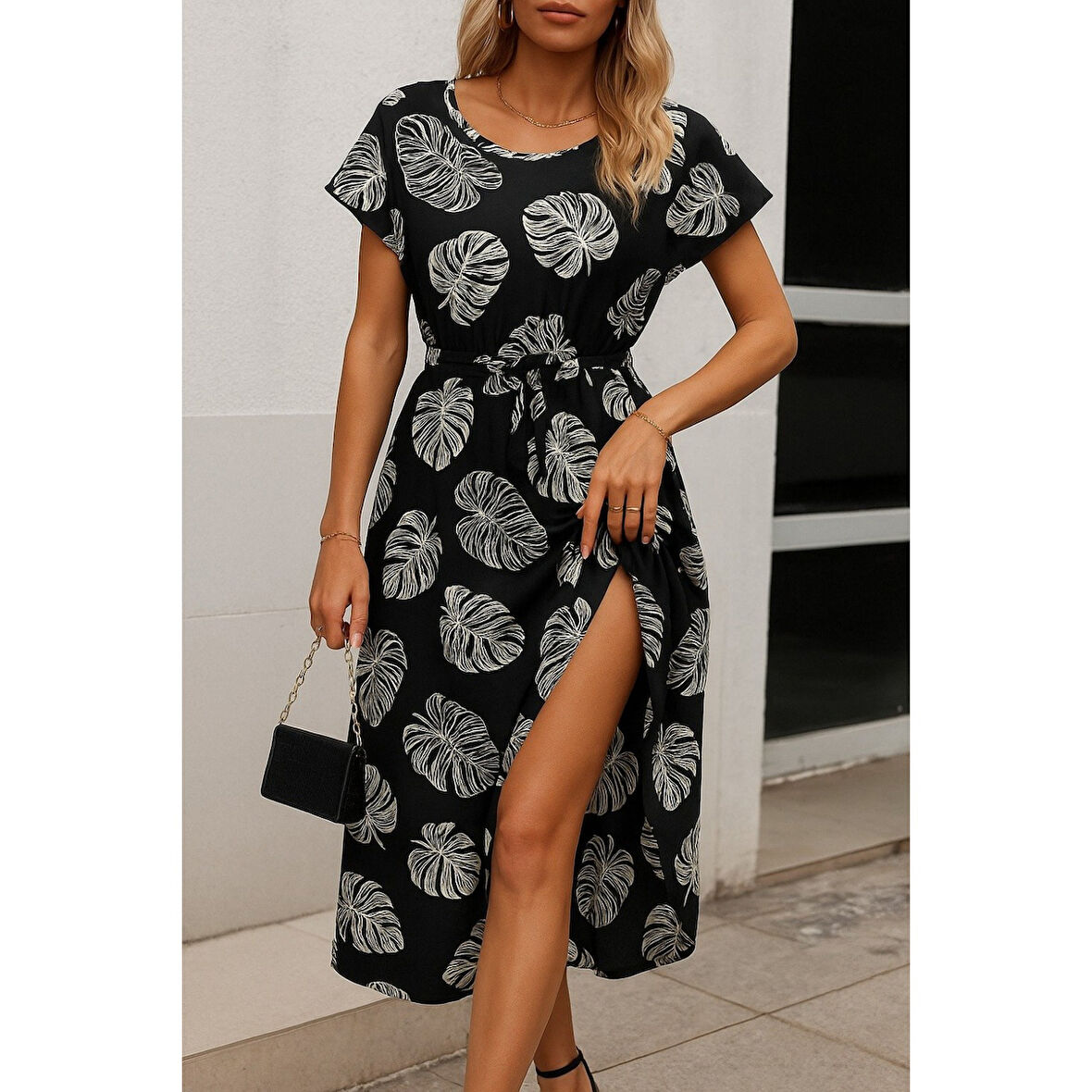 Lucky Life Kadın Kısa Kollu Bisiklet Yaka Desenli Kuşaklı örme Krep Midi Elbise