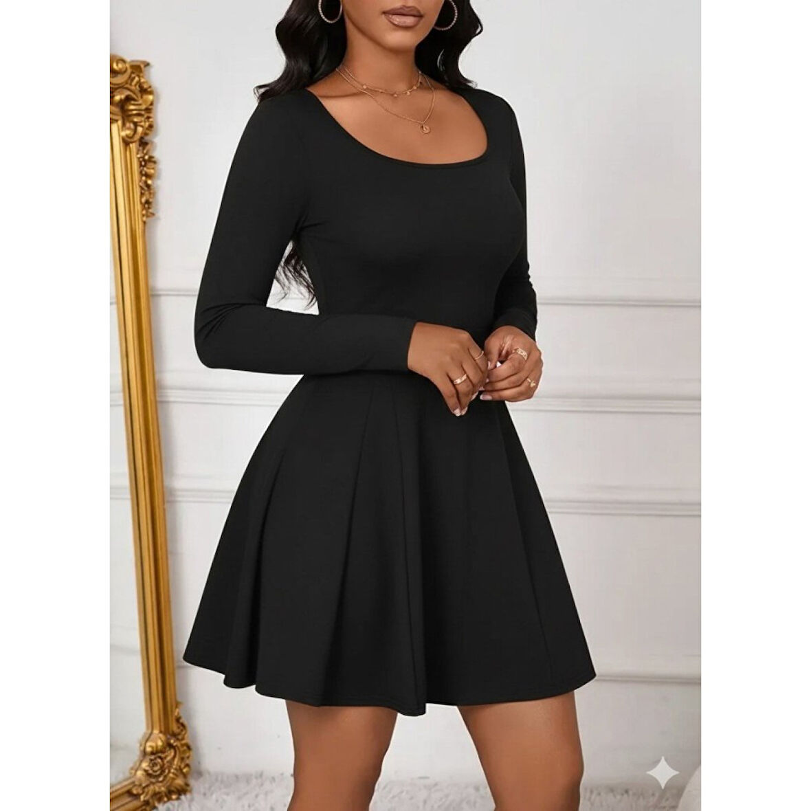 Lucky Life Kadın Uzun Kollu Kare Yakalı Mini Ithal Krep Elbise