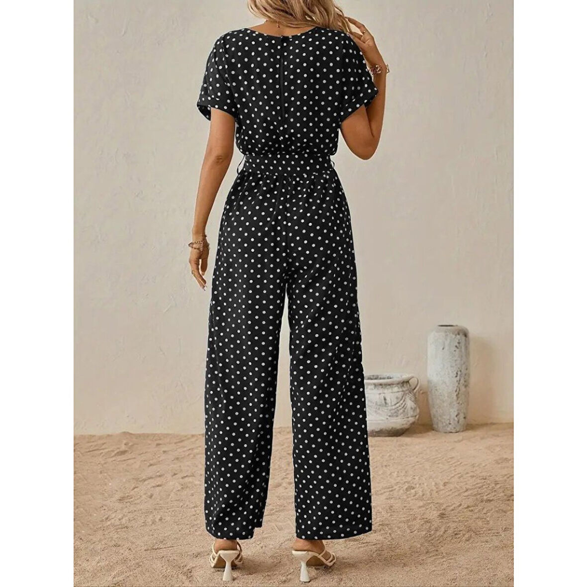 Lucky Life Kadın Kısa Kollu Kayık Yaka Belden Kuşaklı örme Krep Tulum