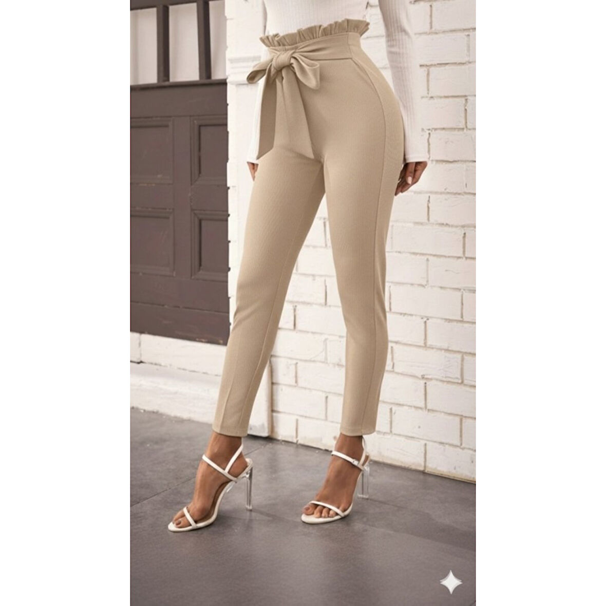 Lucky Life Kadın Yüksek Bel Beli Fırfırlı önden Bağlamalı Ithal Krep Pantolon