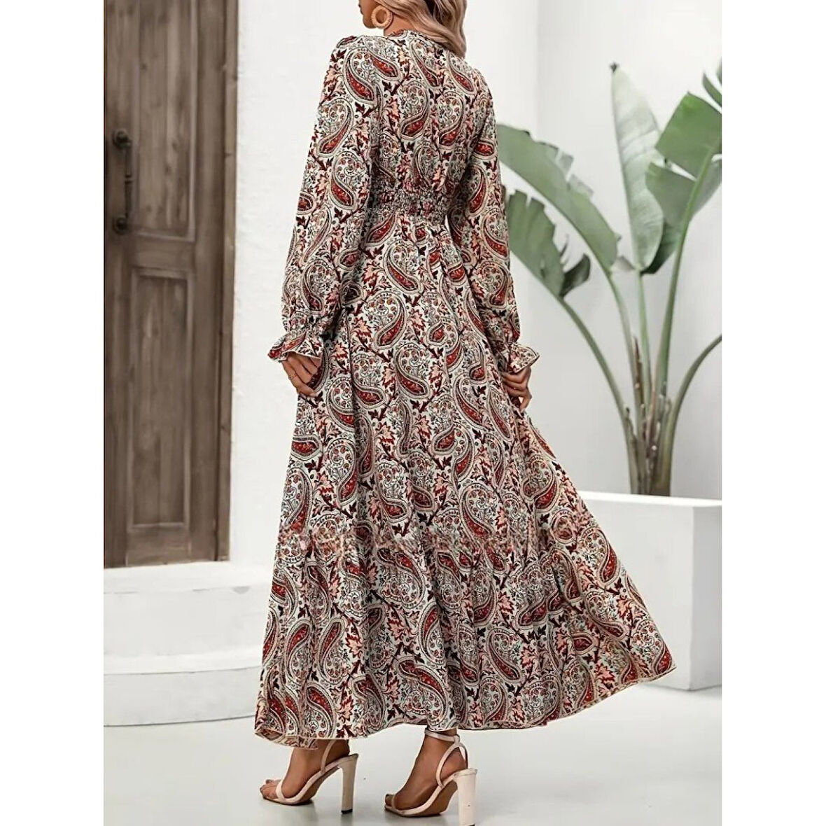 Lucky Life Kadın Uzun Kollu V Yakalı Beli Lastikli Desenli Süprem Elbise