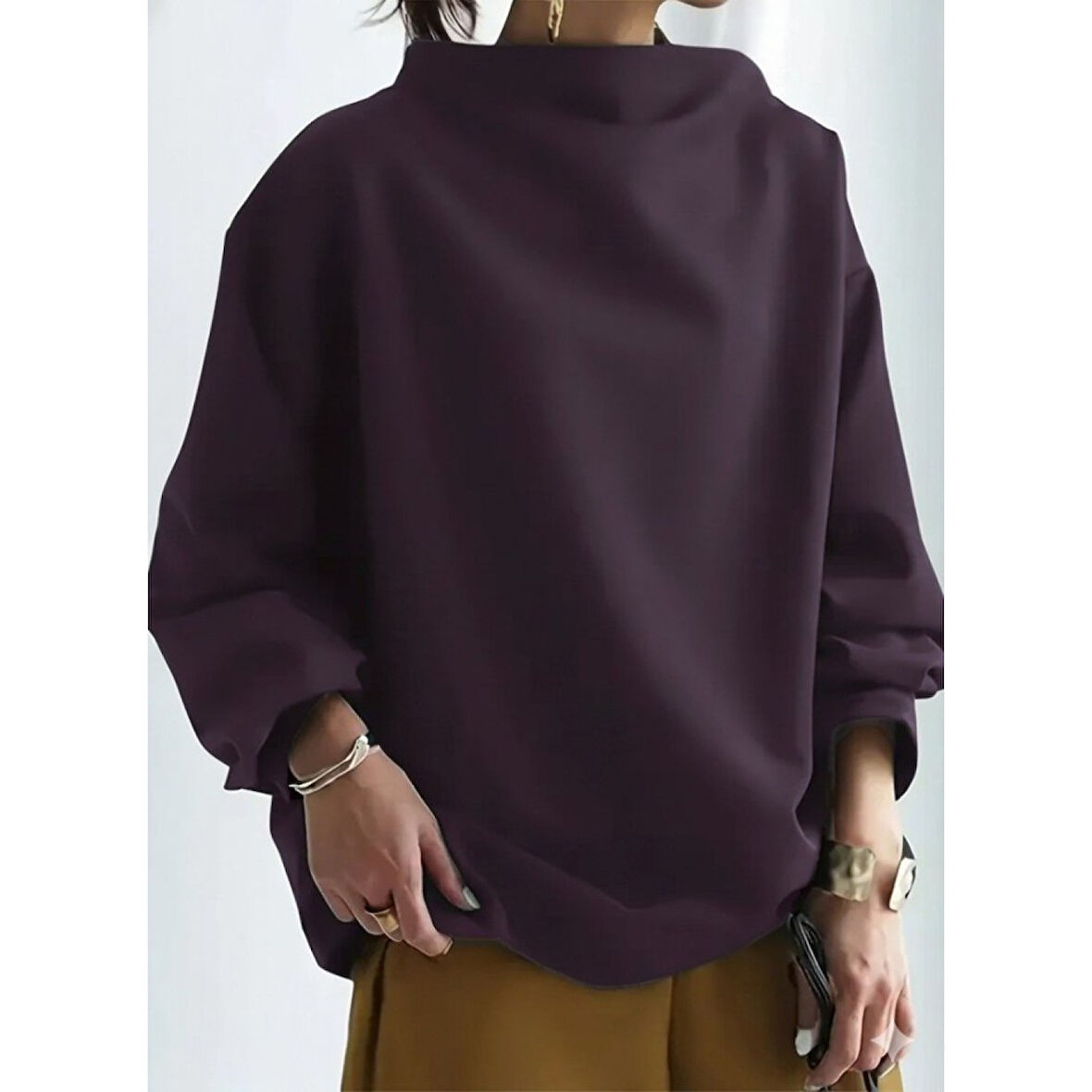 Lucky Life Kadın Uzun Kollu Geniş Balıkçı Yaka Modal Mürdüm Bluz