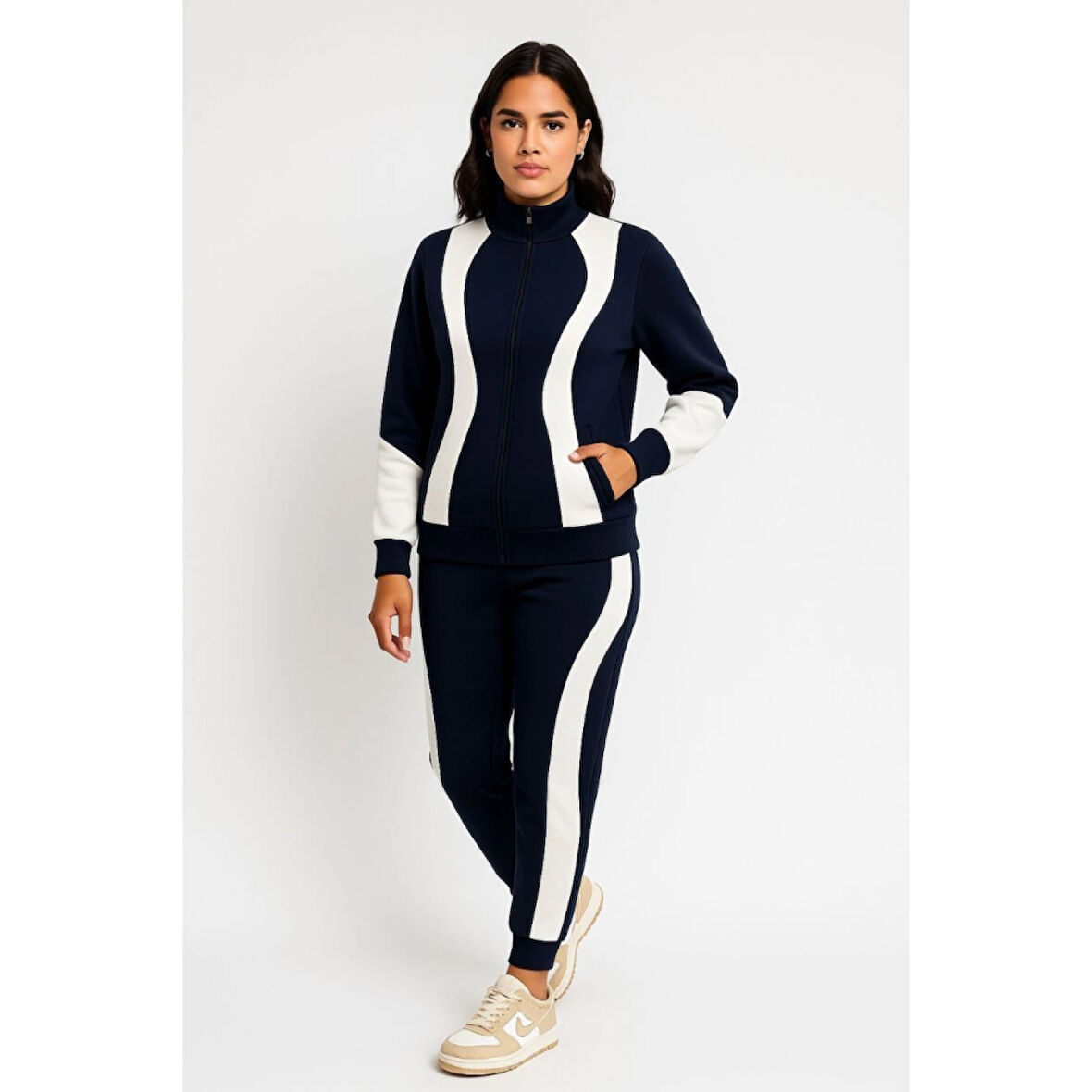 Premium Parçalı Eşofman Takım - Dik Yaka Fermuarlı Sweatshirt - Siyah