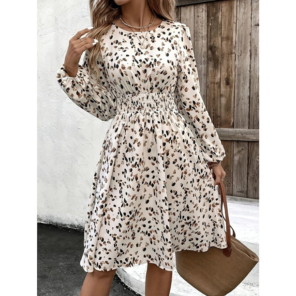 Lucky Life Lucky Life Kadın Uzun Kollu Bot Yaka Beli Lastikli Midi Süprem Elbise