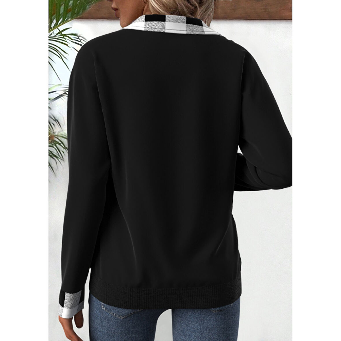 Lucky Life Kadın Uzun Kollu Yakalı önden Fermuarlı Ekose Detaylı Viskon Iki Iplik Bluz