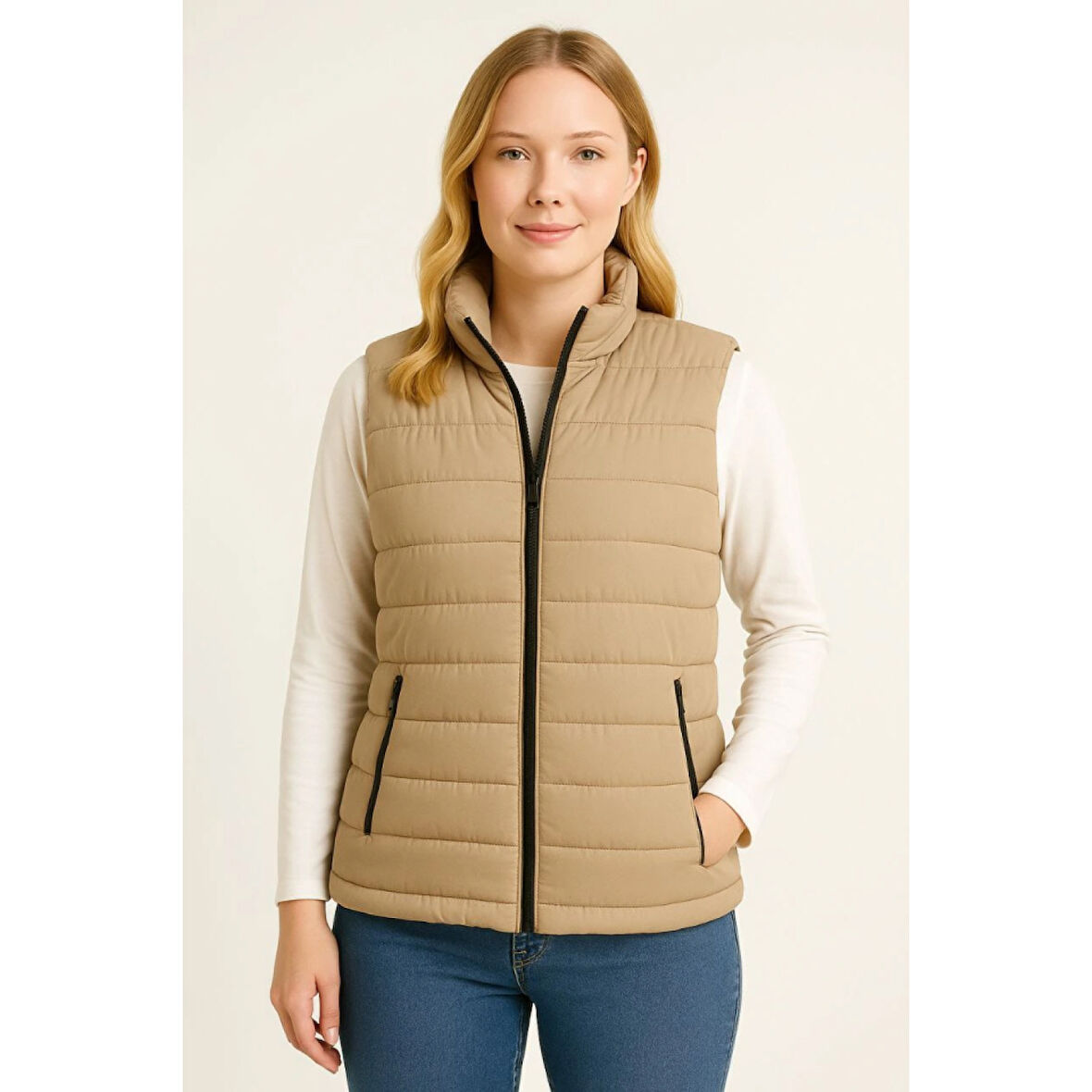 Lucky Life Kadın Şişme FermuarlıYelek Su Itici Kapitone Astarlı Kumaş Cepli Hafif Kışlık Spor Rahat Kalıp - Bej