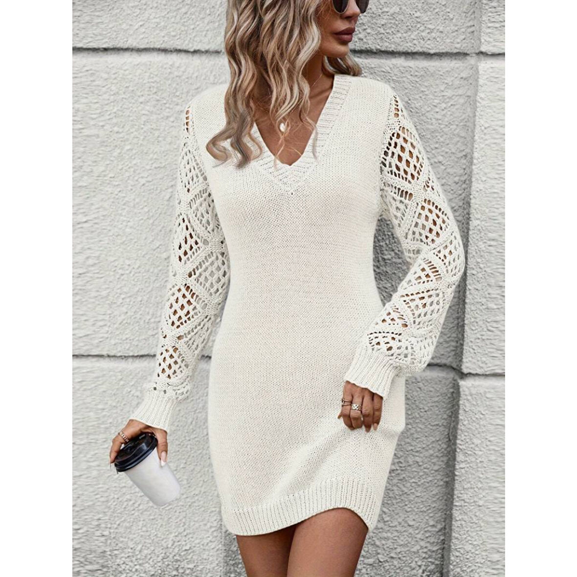 Lucky Life Kadın Uzun Kollu V Yakalı Mini Triko Elbise