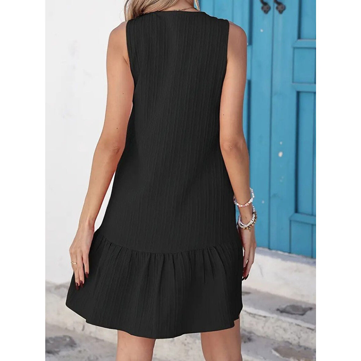 Lucky Life Kadın Kolsuz V Yakalı önden Düğmeli Fırfırlı Narin Elbise