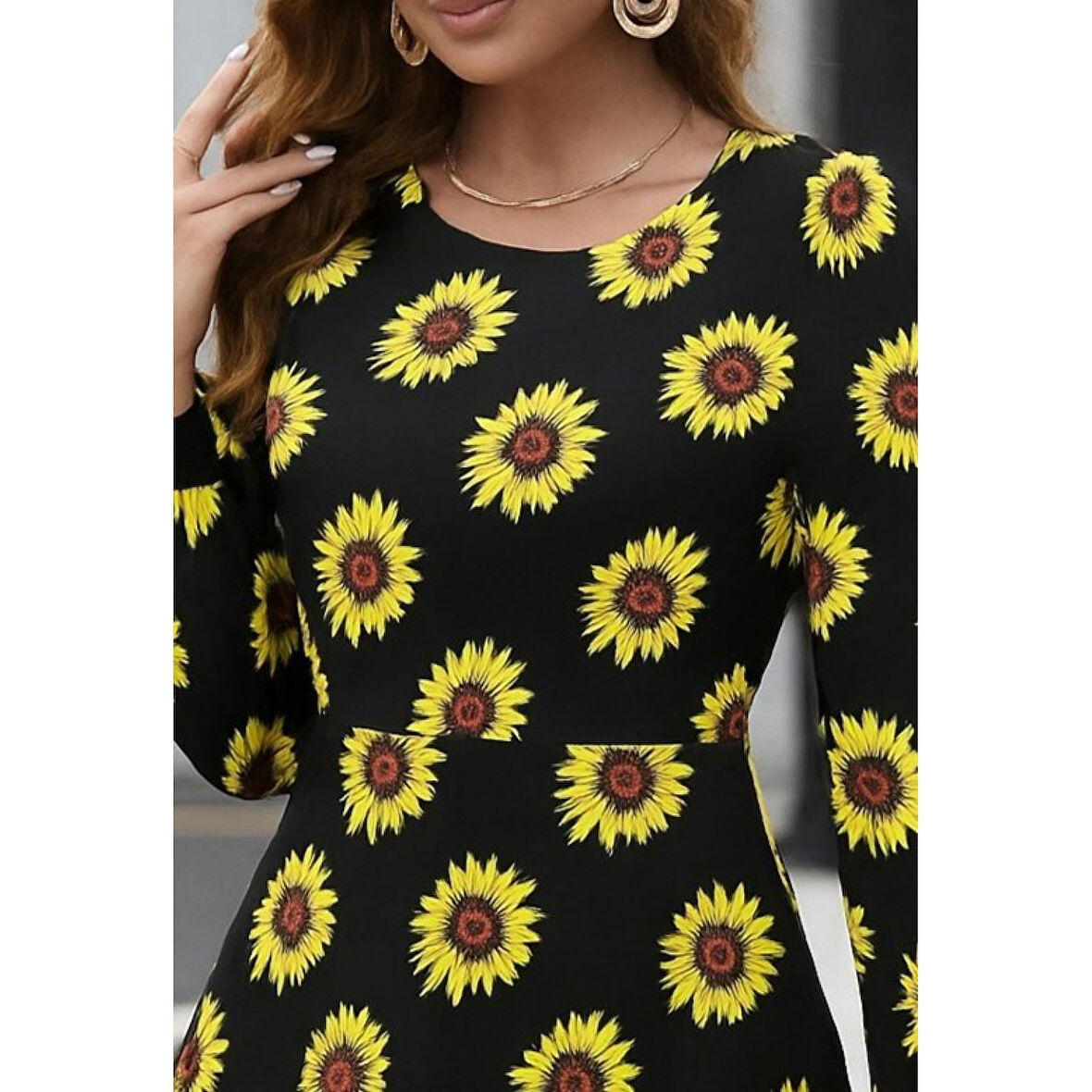 Lucky Life Kadın Uzun Kollu Bisiklet Yaka Desenli Kısa Krep Elbise