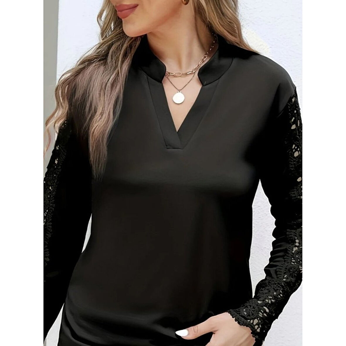 Lucky Life Kadın Uzun Kollu Hakim Yaka Kolları Dantel Detaylı Ithal Krep Bluz