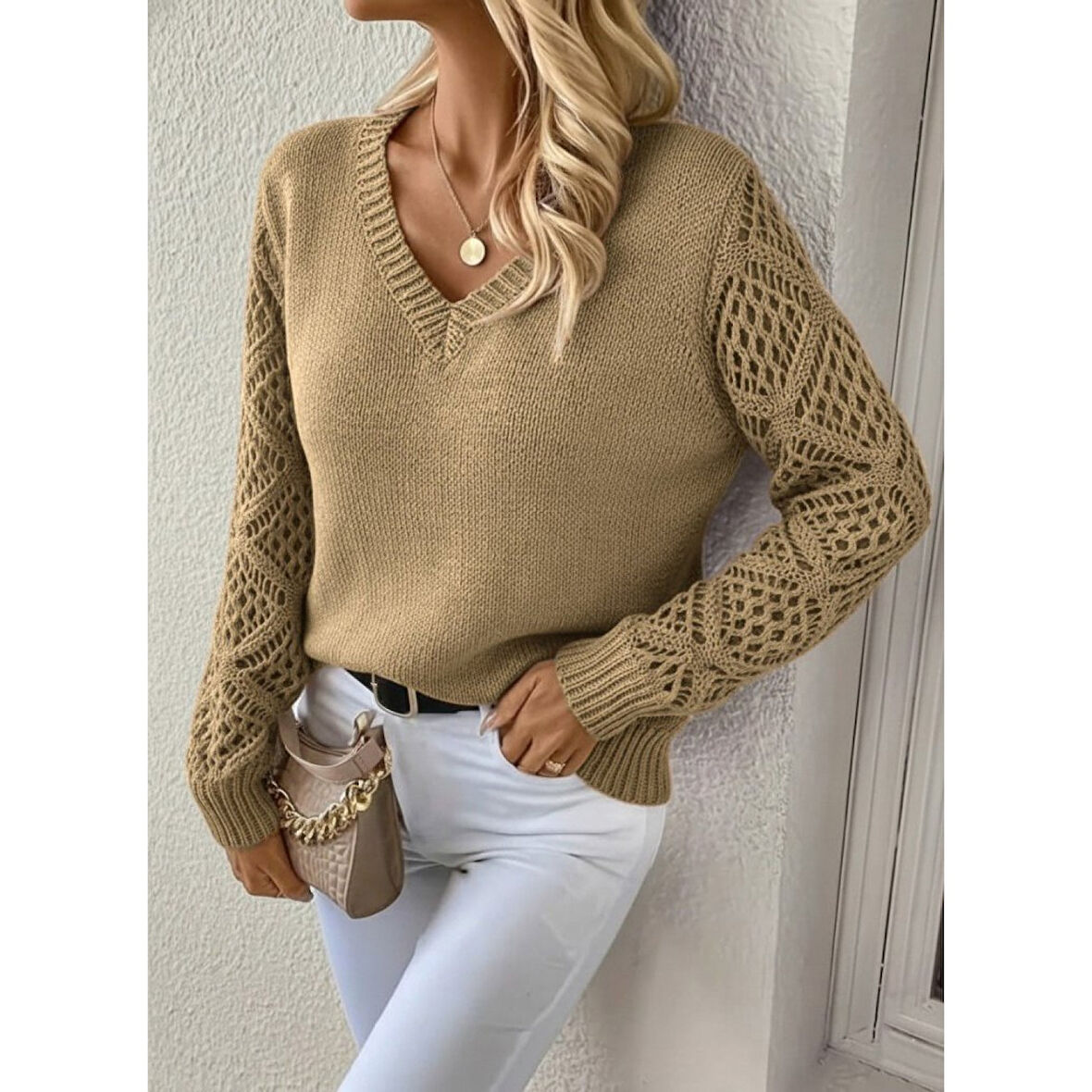 Lucky Life Kadın Uzun Kollu V Yaka Kol Delikli Baklava Desen Detaylı Triko Kazak