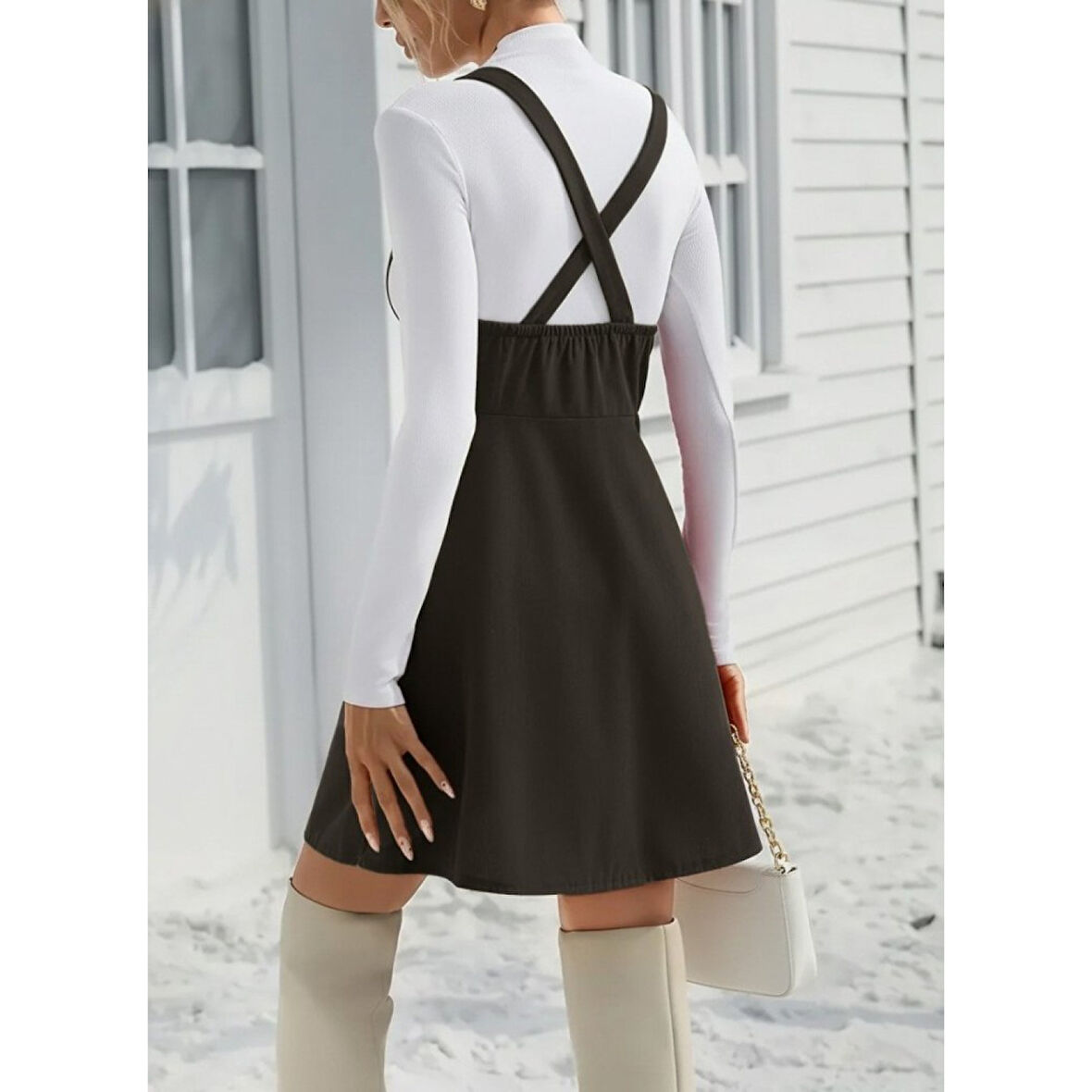 Lucky Life Kadın Askılı Düğmeli Mini Süet Elbise