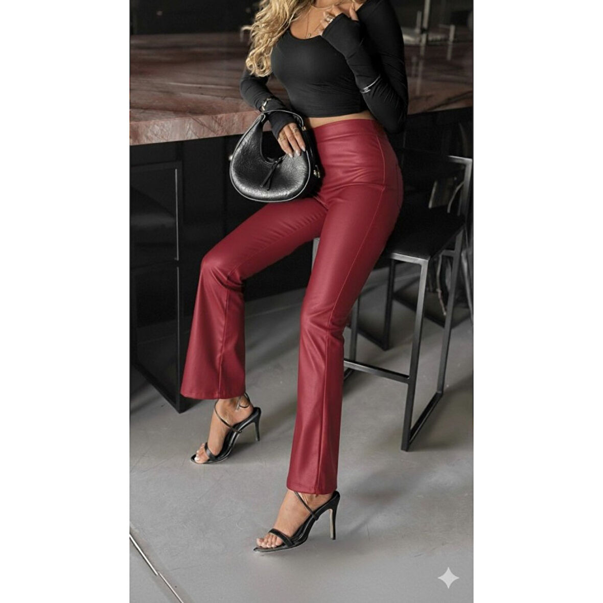 Lucky Life Kadın Yüksek Bel Paçaya Doğru Geniş Deri Pantolon