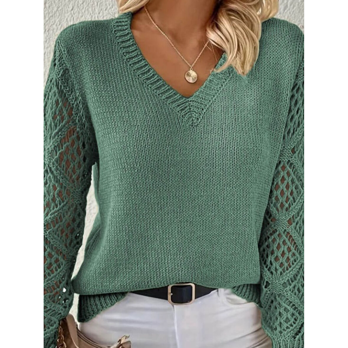 Lucky Life Lucky Life Kadın Uzun Kollu V Yaka Kol Delikli Baklava Desen Detaylı Triko Kazak