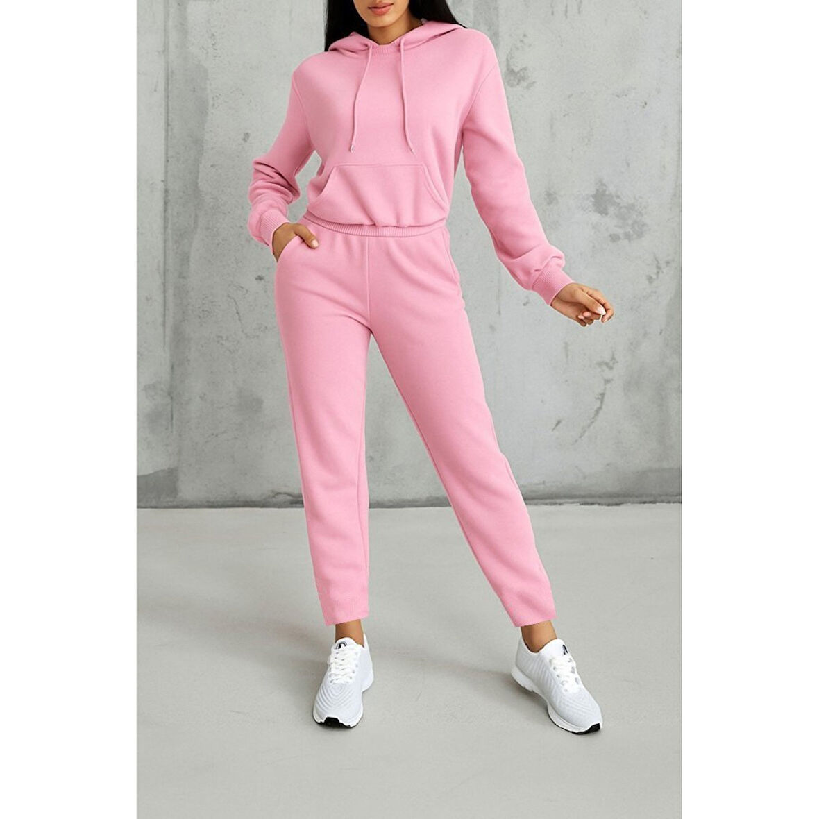 Lucky Life Lucky Life Kadın Uzun Kollu Kapşonlu Bağcıklı üç Iplik Bluz Ve Pantolon Ikili Takım