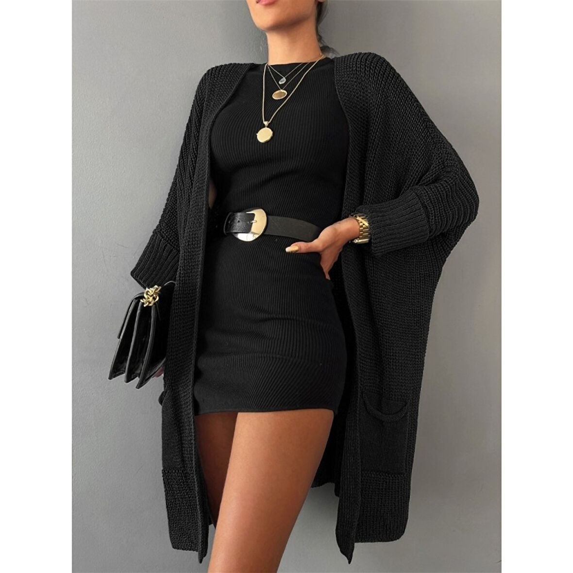 Lucky Life Kadın Oversize Kalıp Cep Detay Salaş Triko Hırka