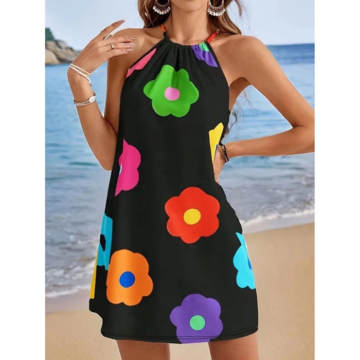 Lucky Life Kadın Boyundan Askılı Kolsuz çiçek Desenli Süprem Elbise