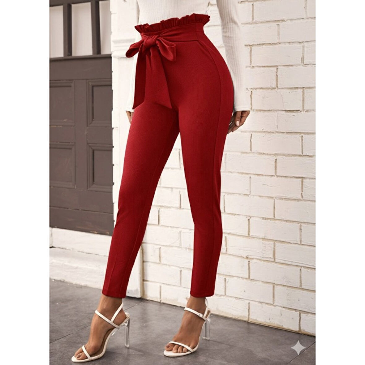 Lucky Life Kadın Yüksek Bel Beli Fırfırlı önden Bağlamalı Ithal Krep Pantolon