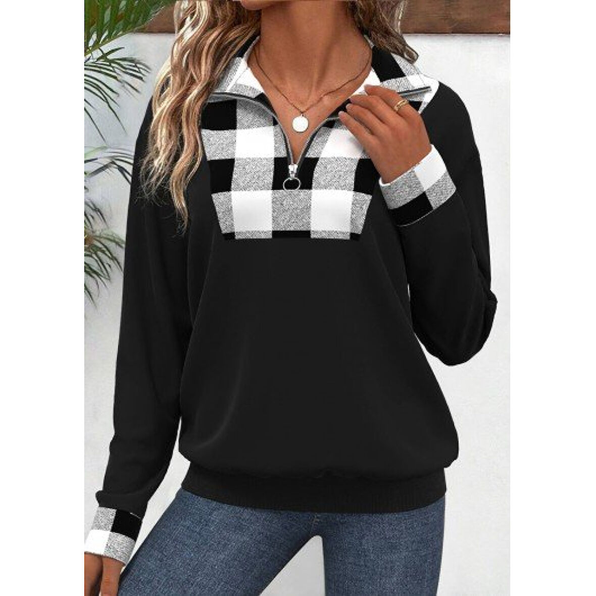 Lucky Life Kadın Uzun Kollu Yakalı önden Fermuarlı Ekose Detaylı Viskon Iki Iplik Bluz