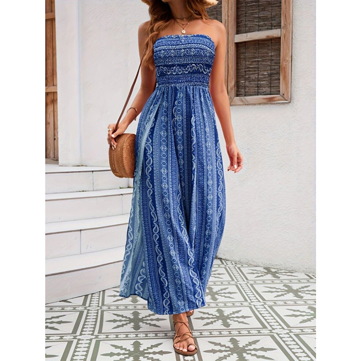 Lucky Life Kadın Yakası Gipe Detaylı önden Yırtmaç Detaylı Desenli Süprem Pantolon Etek