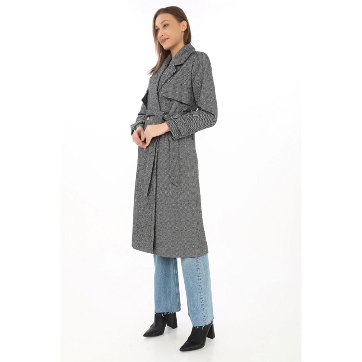 Balık Sırtı Kaşmir Uzun Kaşe Kaban - Füme