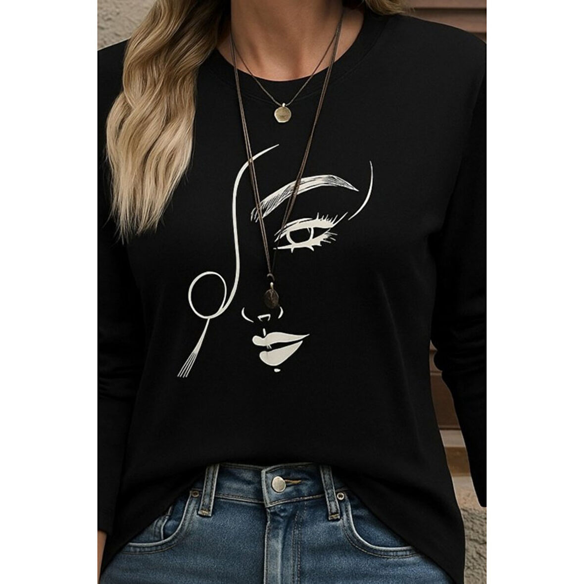 Lucky Life Kadın Uzun Kollu Bisiklet Yaka Yüz Desenli Viskon Bluz