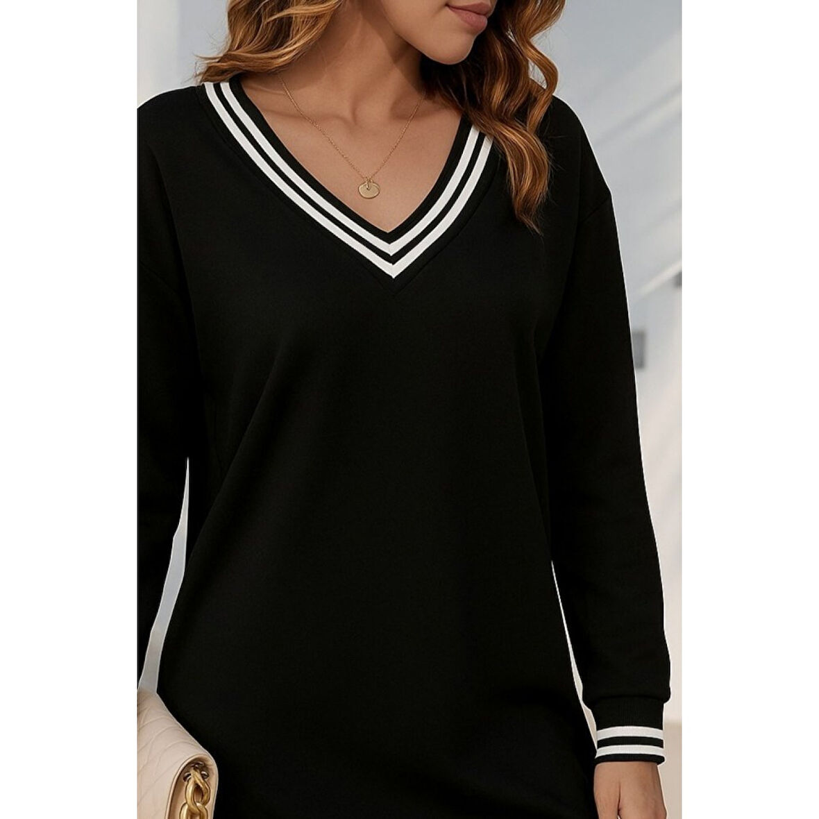 Lucky Life Lucky Life Kadın Uzun Kollu V Yakalı şerit Detaylı Kısa Viskon Iki Iplik Elbise