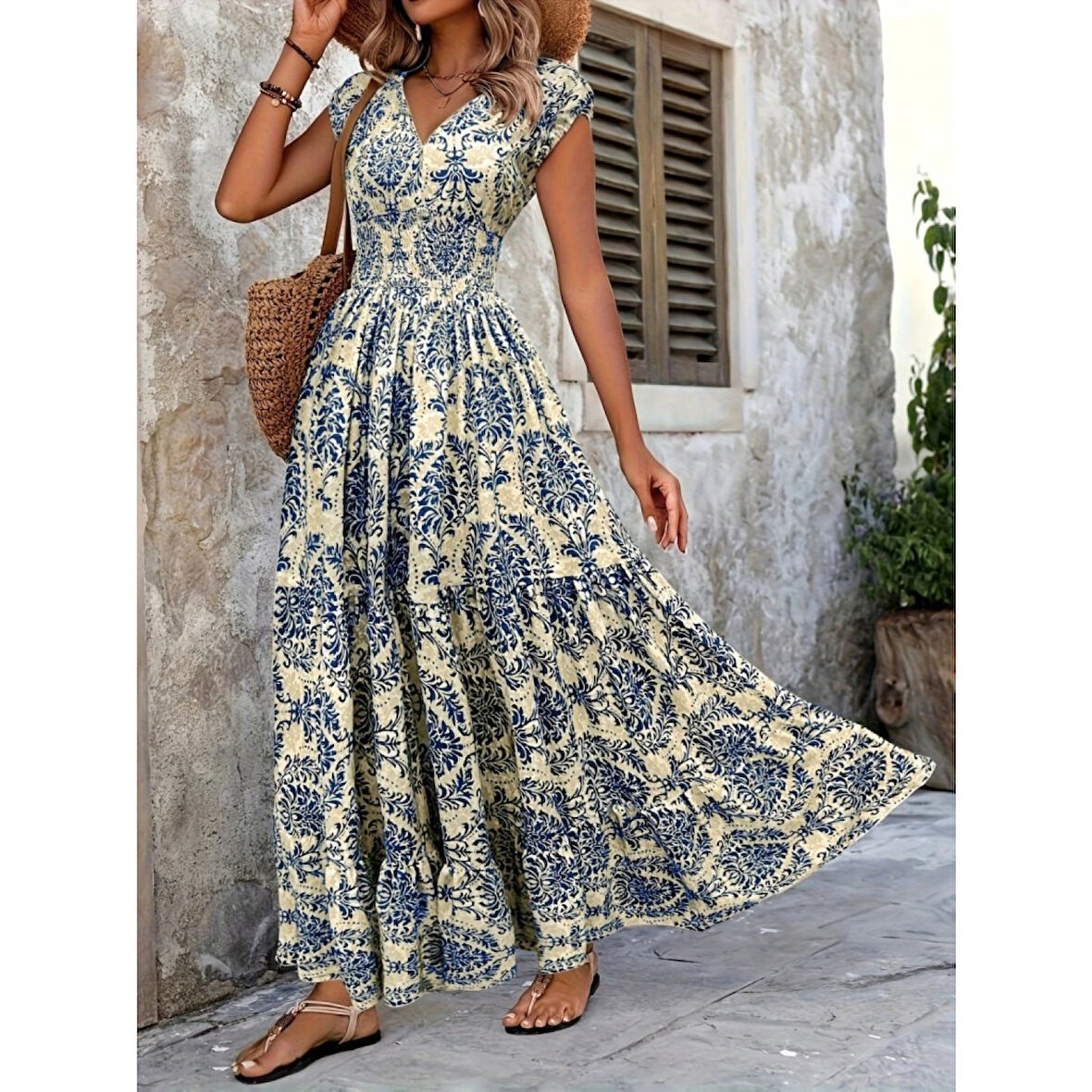 Lucky Life Kadın Kısa Kollu Kruvaze Yaka Beli Lastikli Süprem Maksi Boy Elbise