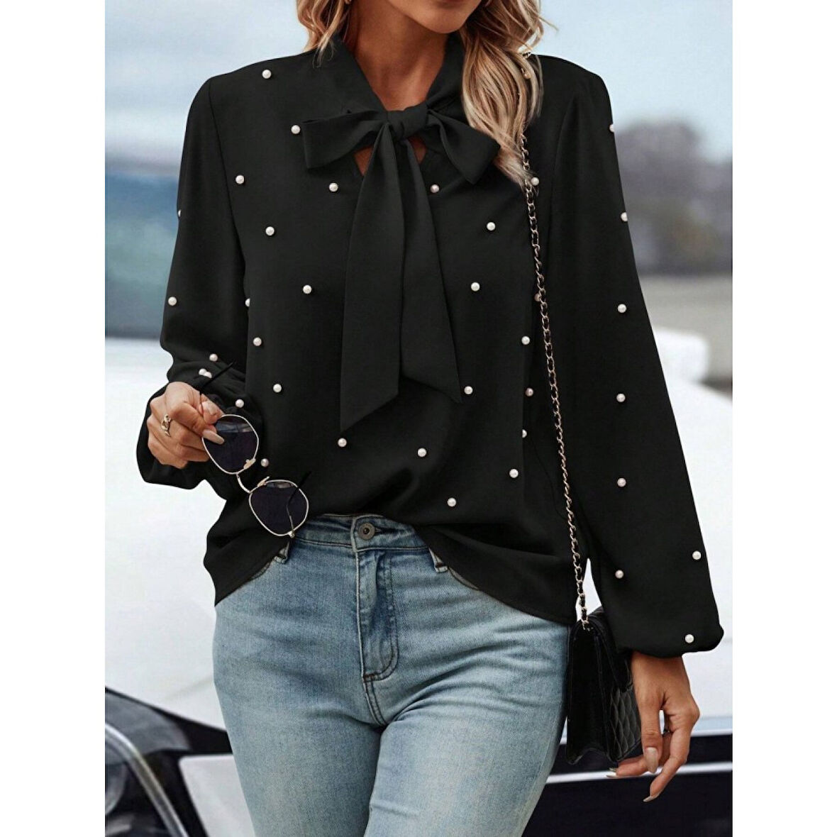 Lucky Life Kadın Uzun Kollu Yakadan Fiyonklu Incili Ithal Krep Bluz