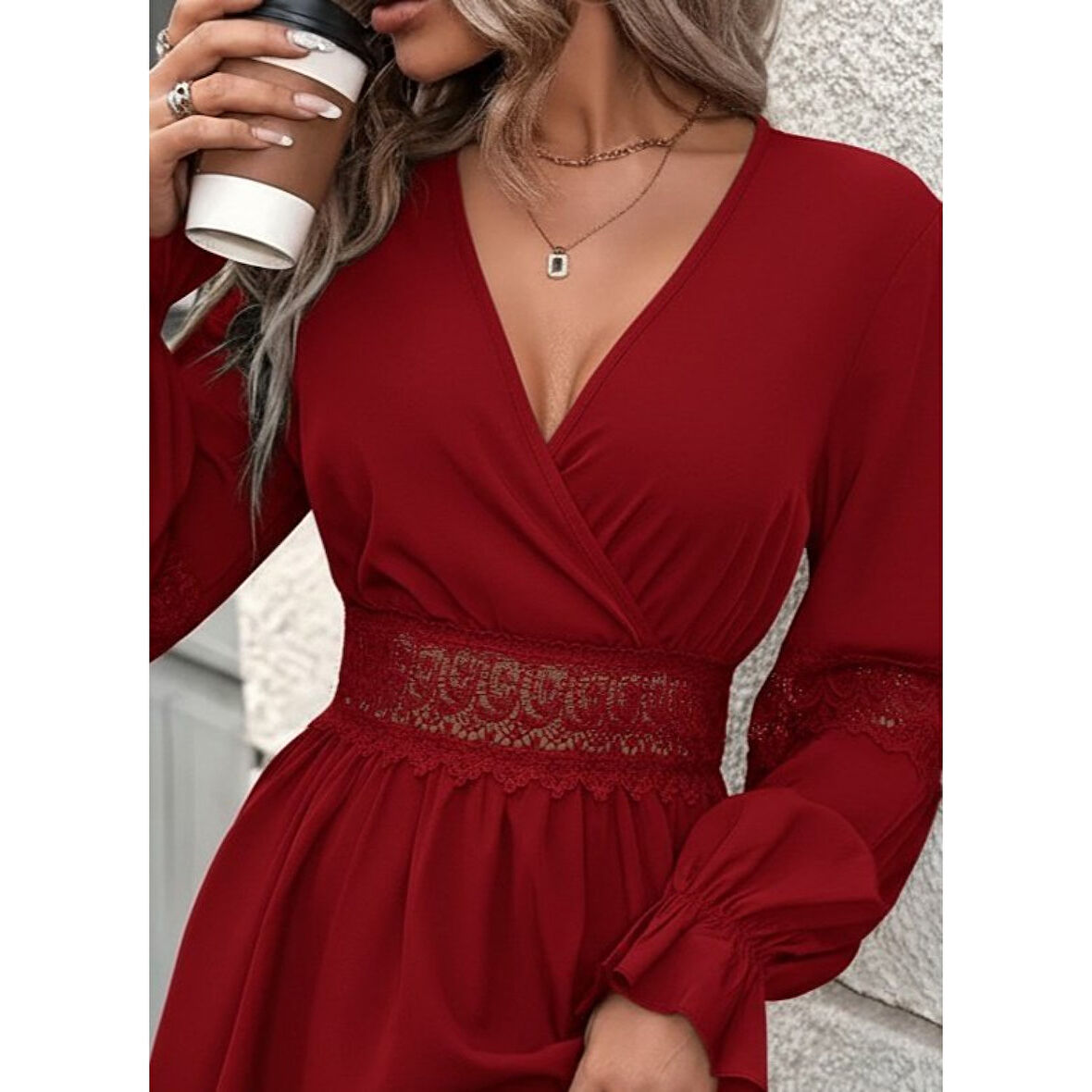 Lucky Life Kadın Uzun Kollu Kruvaze Yakalı Dantelli Fermuar Detaylı Mini Ithal Krep Elbise