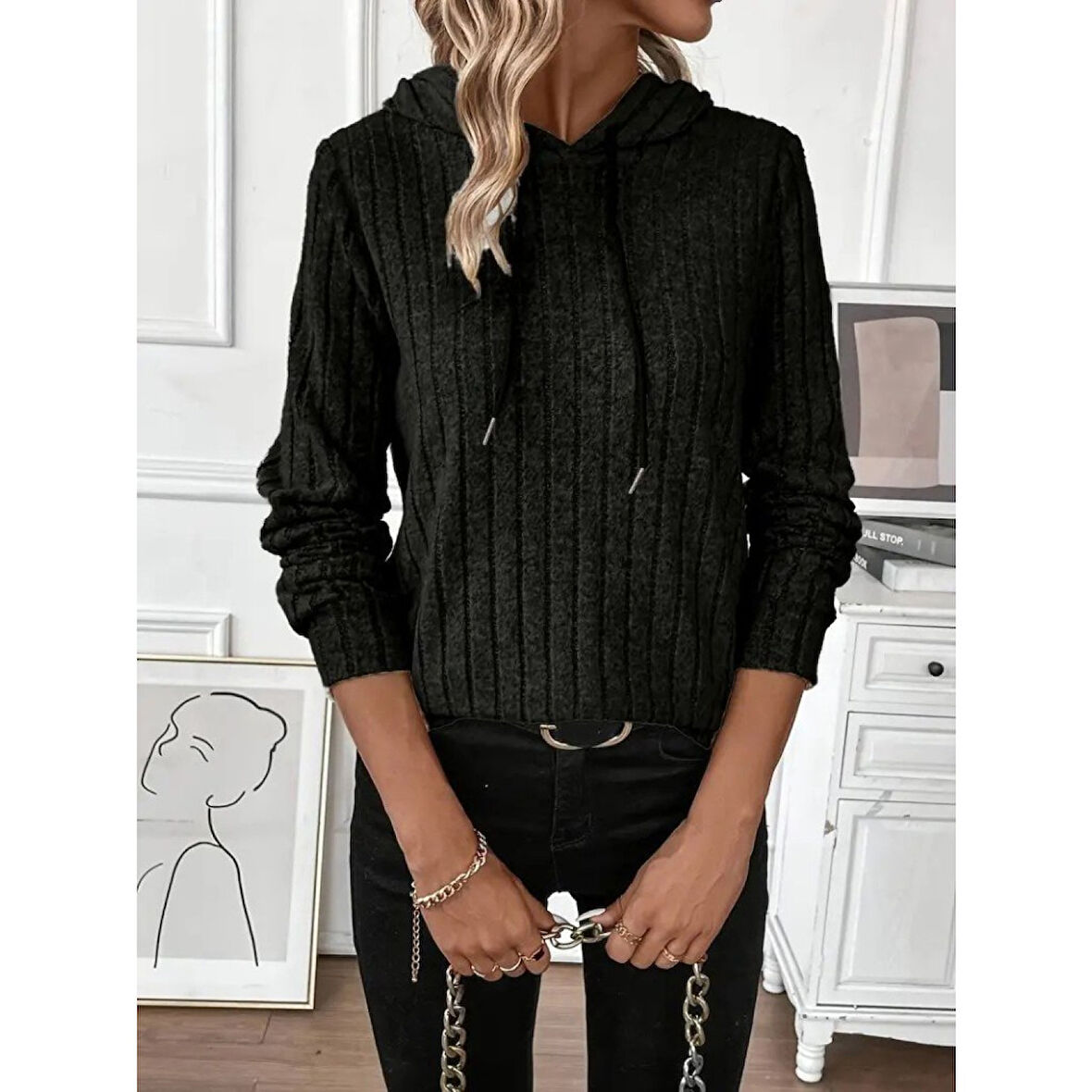 Lucky Life Kadın Uzun Kollu Kapşonlu Bağcıklı şardonlu Kaşkorse Bluz